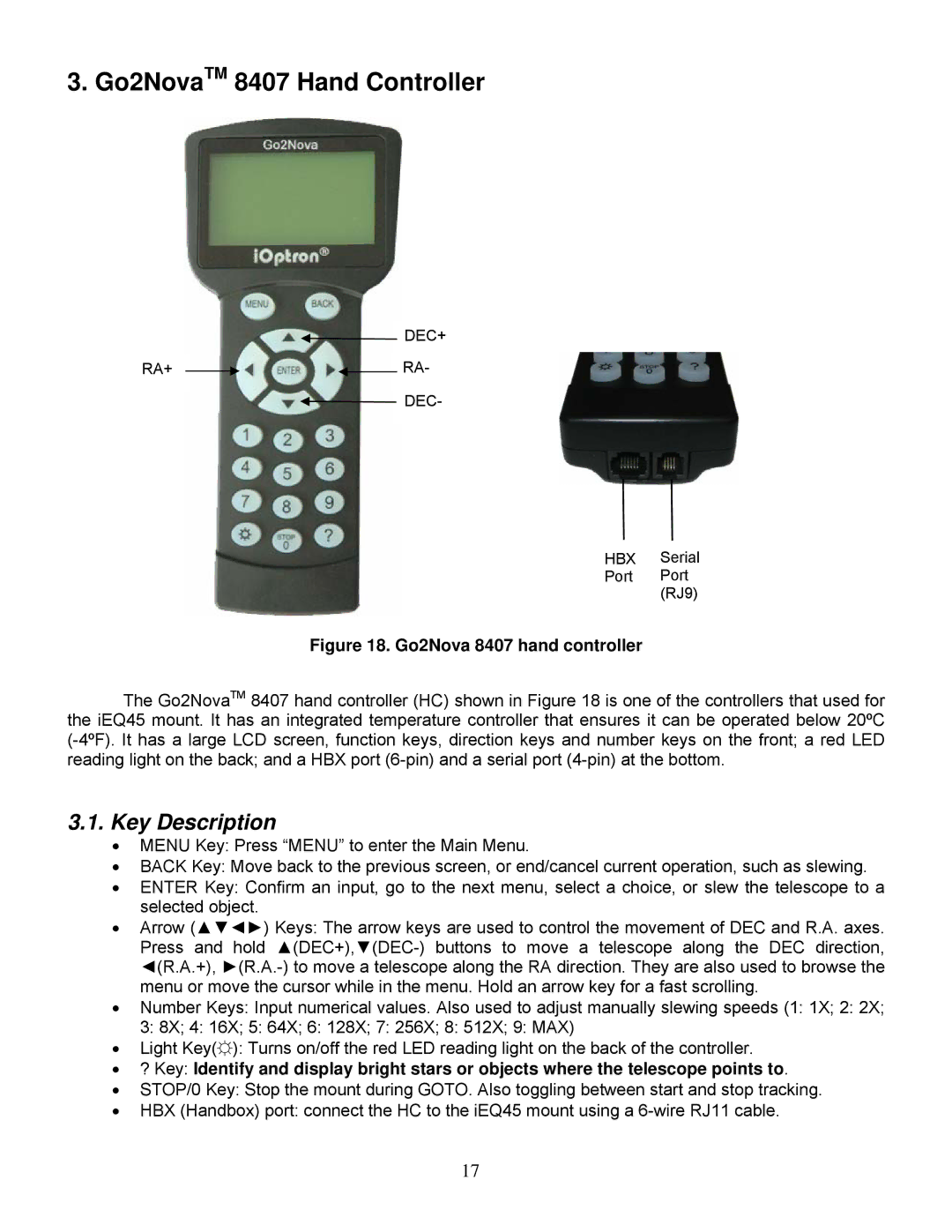 iOptron IEQ45TM instruction manual Go2NovaTM 8407 Hand Controller, Key Description 