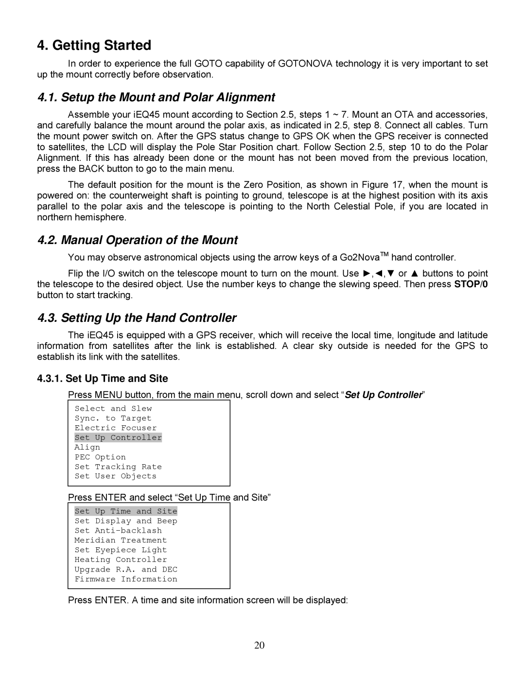 iOptron IEQ45TM Getting Started, Setup the Mount and Polar Alignment, Manual Operation of the Mount, Set Up Time and Site 