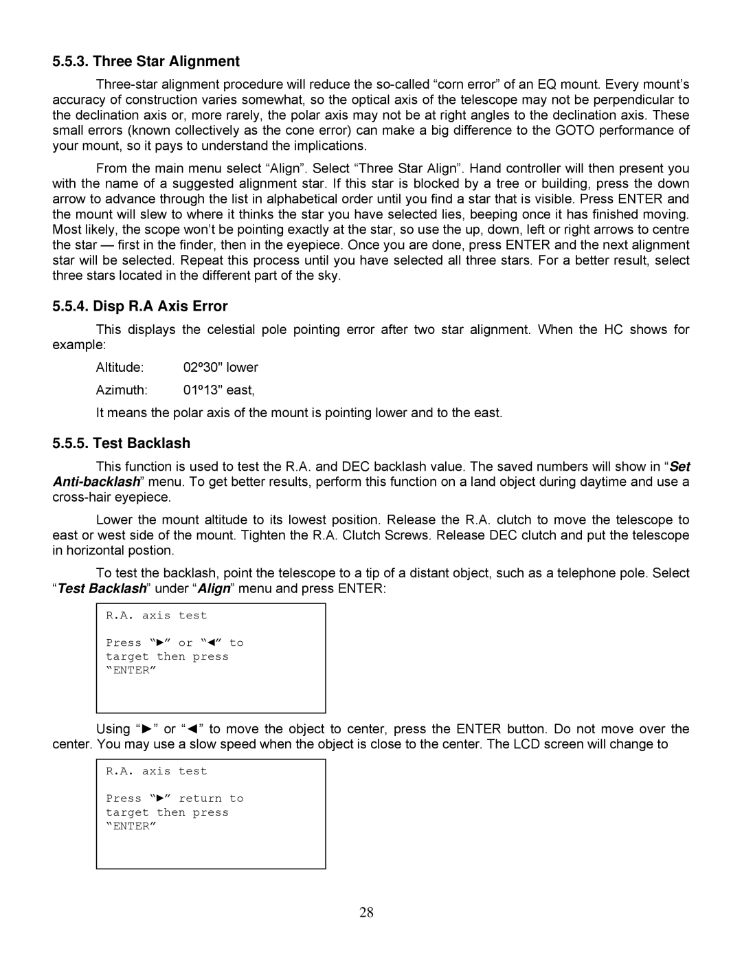 iOptron IEQ45TM instruction manual Three Star Alignment, Disp R.A Axis Error, Test Backlash 