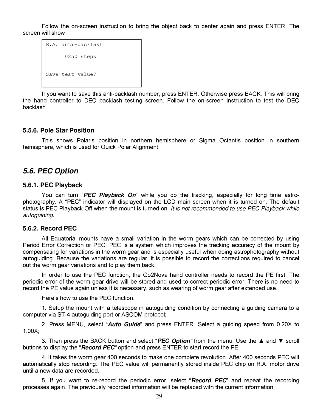 iOptron IEQ45TM instruction manual PEC Option, Pole Star Position, PEC Playback, Record PEC 