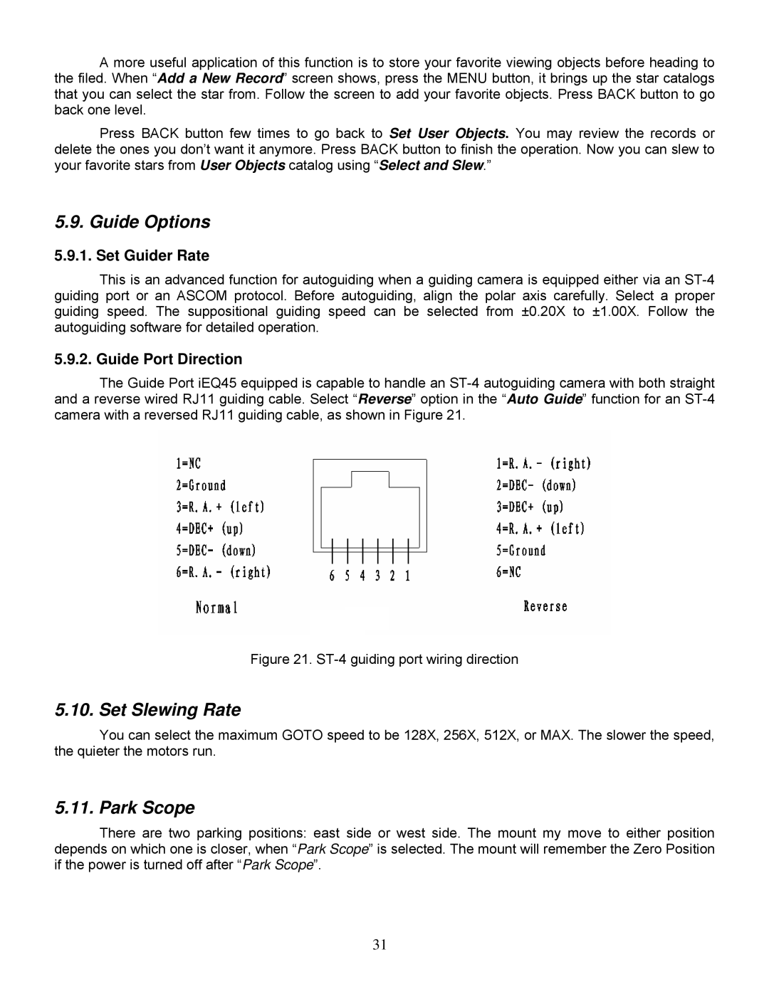 iOptron IEQ45TM instruction manual Guide Options, Set Slewing Rate, Park Scope, Set Guider Rate, Guide Port Direction 