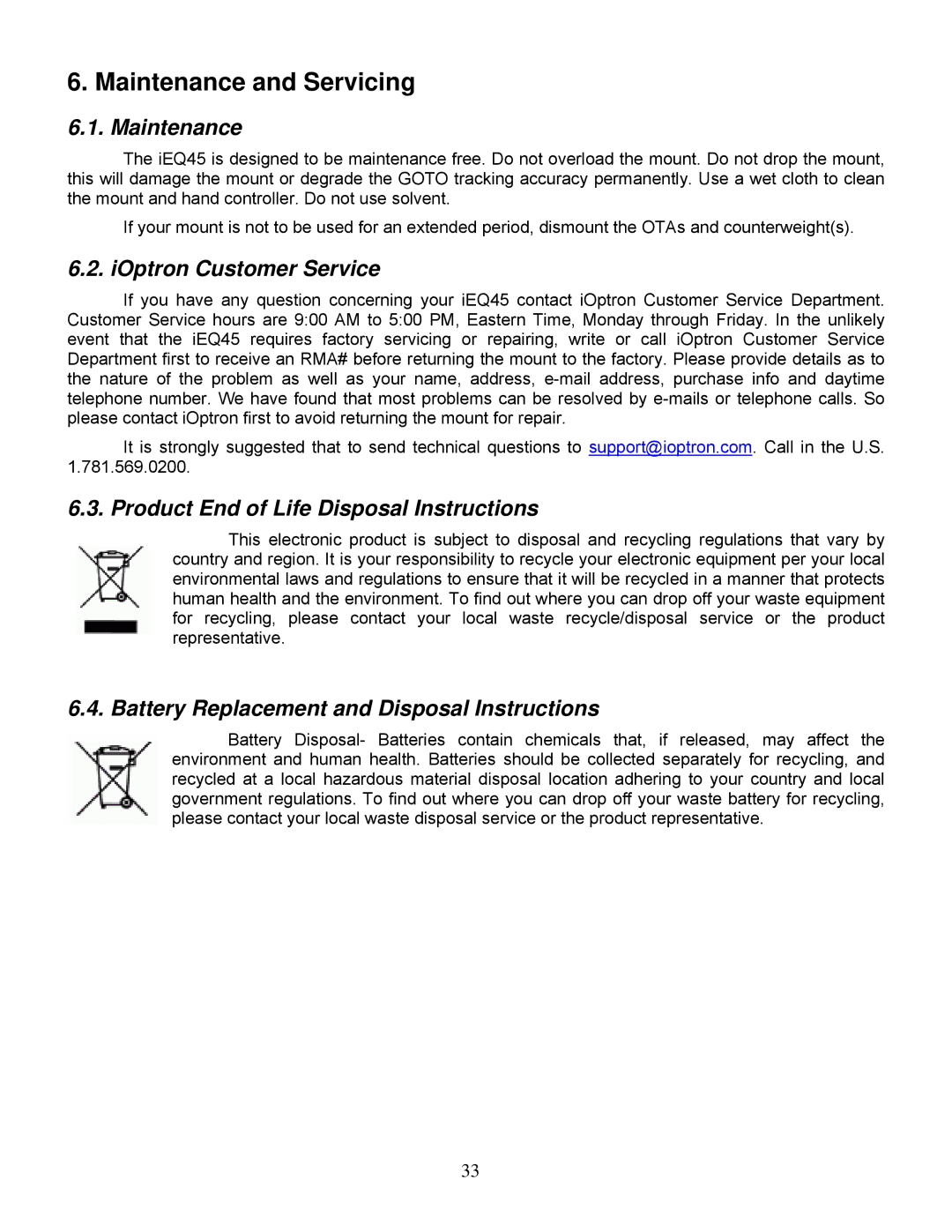 iOptron IEQ45TM Maintenance and Servicing, IOptron Customer Service, Product End of Life Disposal Instructions 