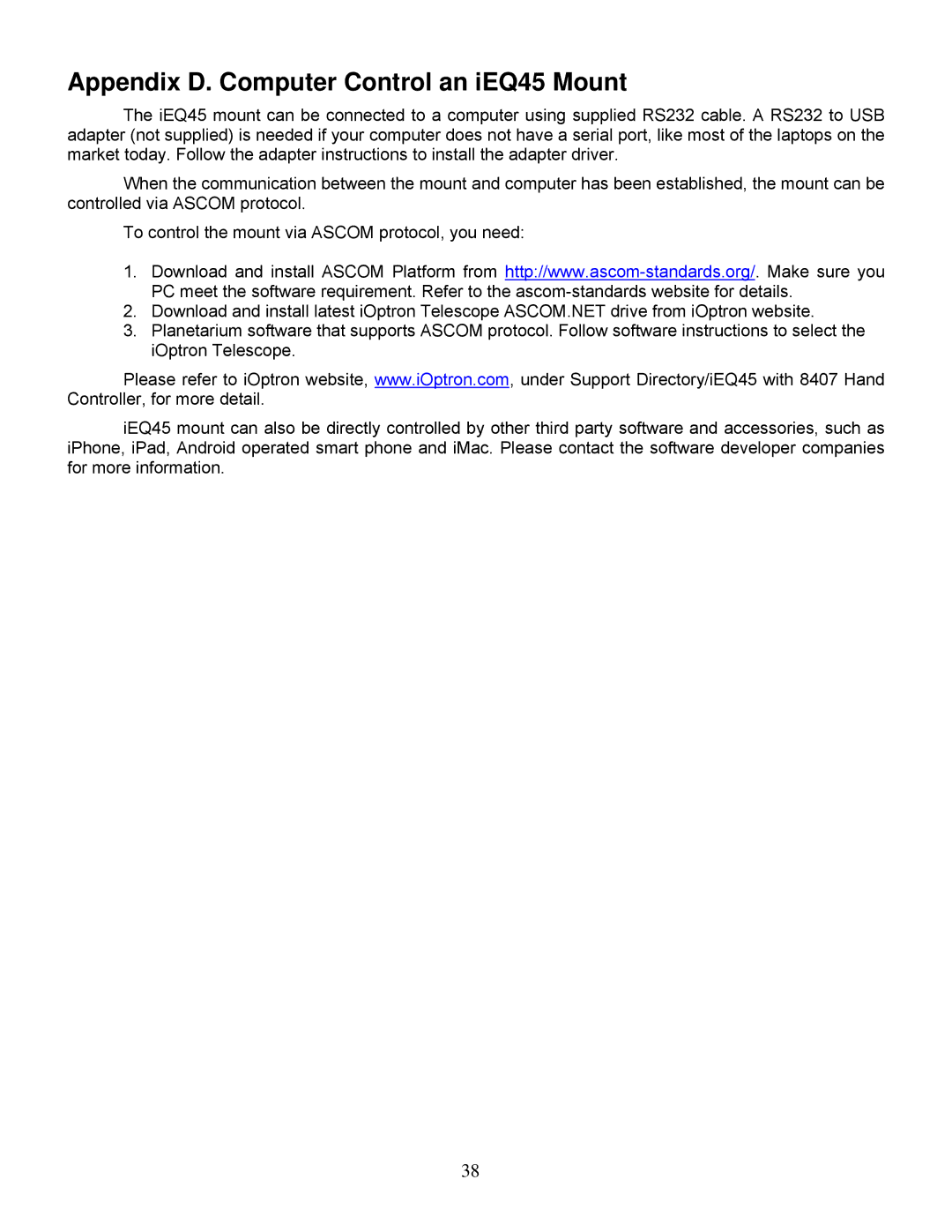 iOptron IEQ45TM instruction manual Appendix D. Computer Control an iEQ45 Mount 