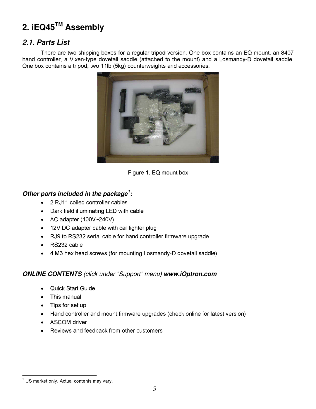 iOptron instruction manual IEQ45TM Assembly, Parts List 