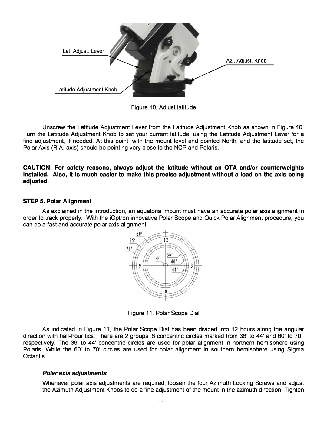 iOptron IEQ75-GTTM instruction manual Polar Alignment, Polar axis adjustments 