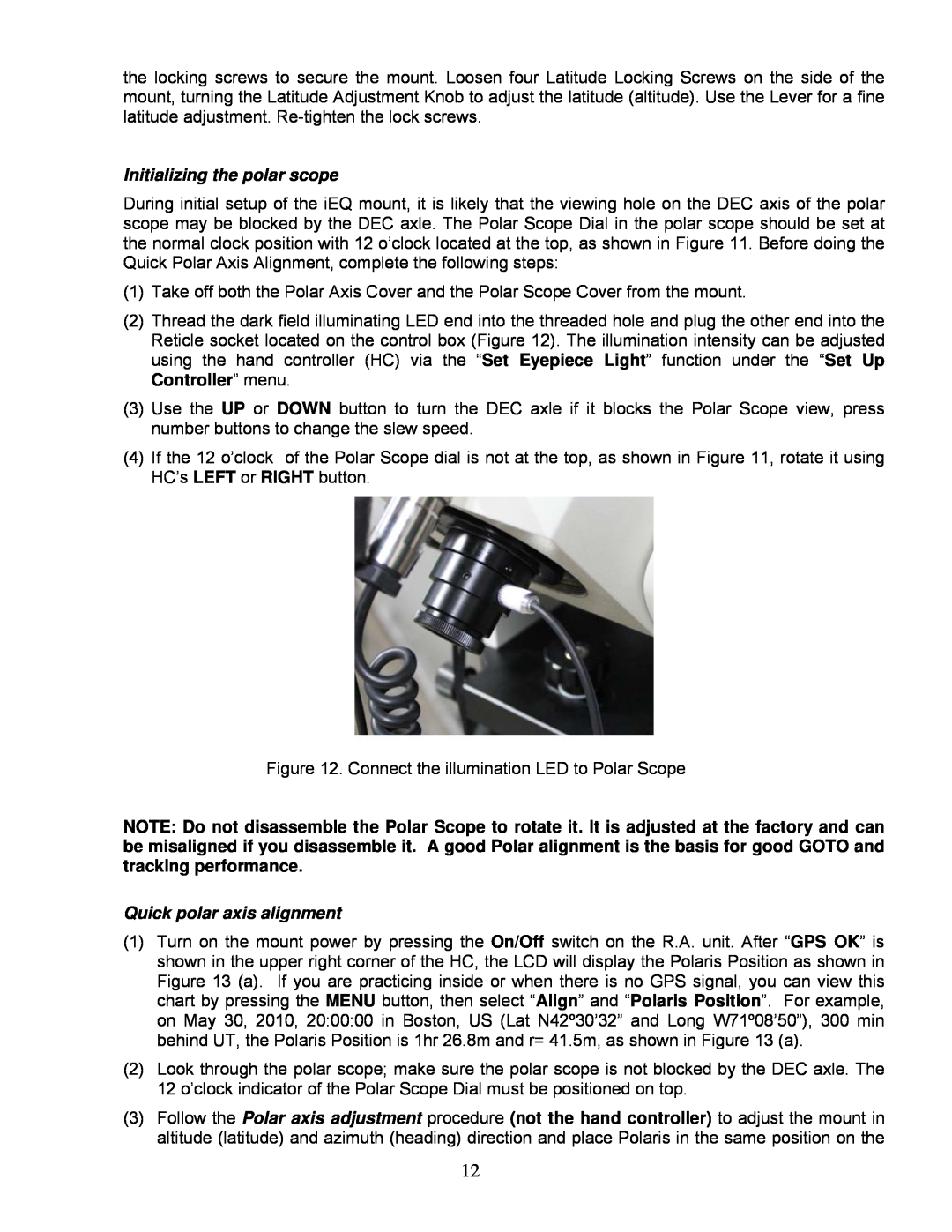iOptron IEQ75-GTTM instruction manual Initializing the polar scope, Quick polar axis alignment 