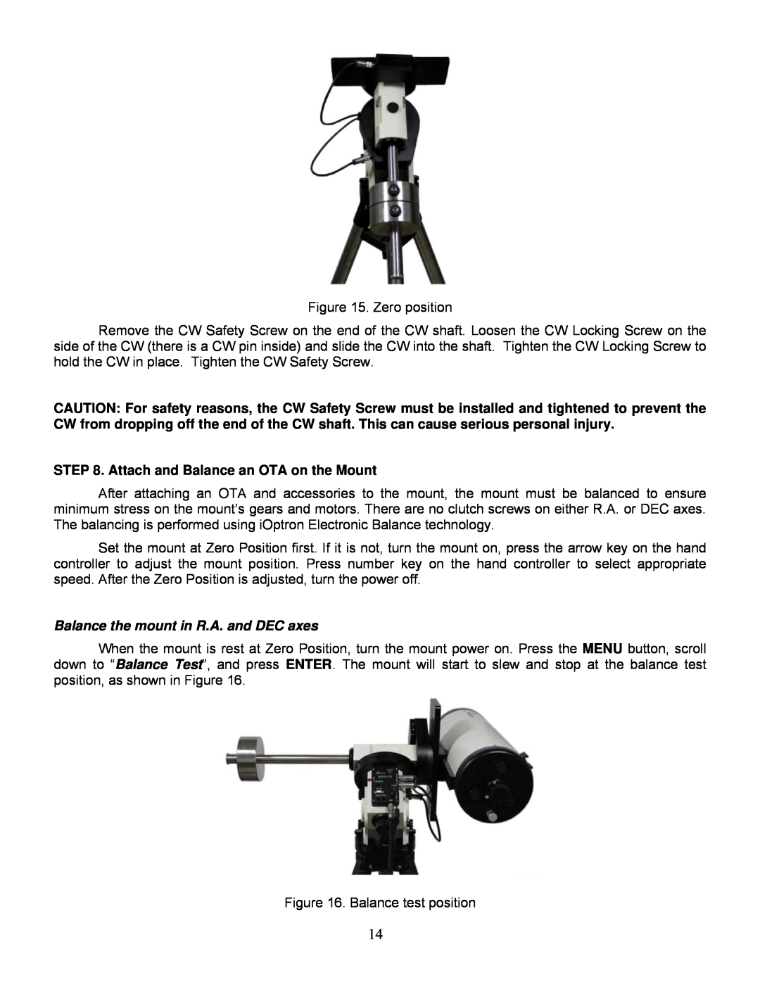 iOptron IEQ75-GTTM instruction manual Attach and Balance an OTA on the Mount, Balance the mount in R.A. and DEC axes 
