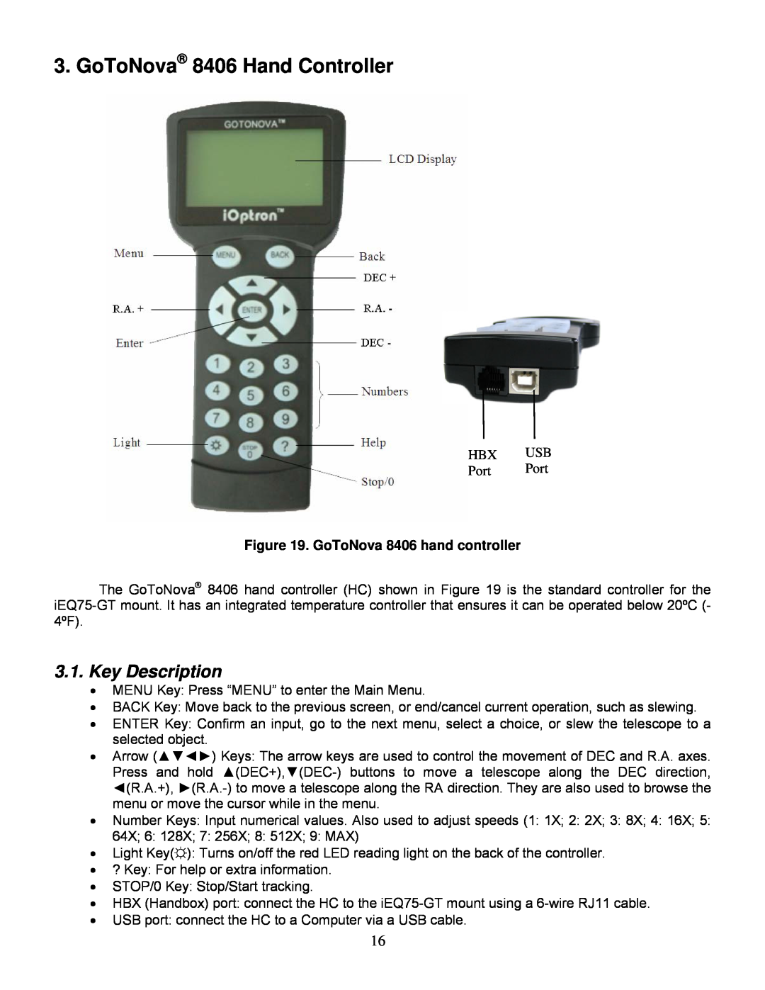 iOptron IEQ75-GTTM instruction manual GoToNova 8406 Hand Controller, Key Description, GoToNova 8406 hand controller 