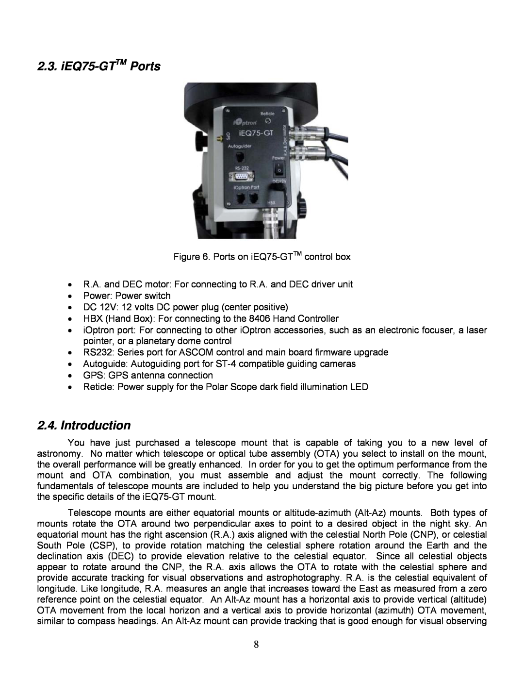 iOptron IEQ75-GTTM instruction manual iEQ75-GTTM Ports, Introduction 