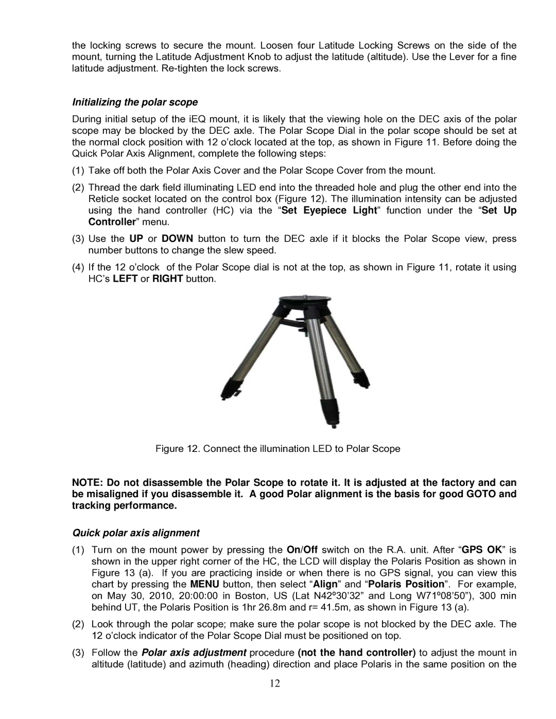 iOptron IEQ75-GTTM instruction manual Initializing the polar scope 