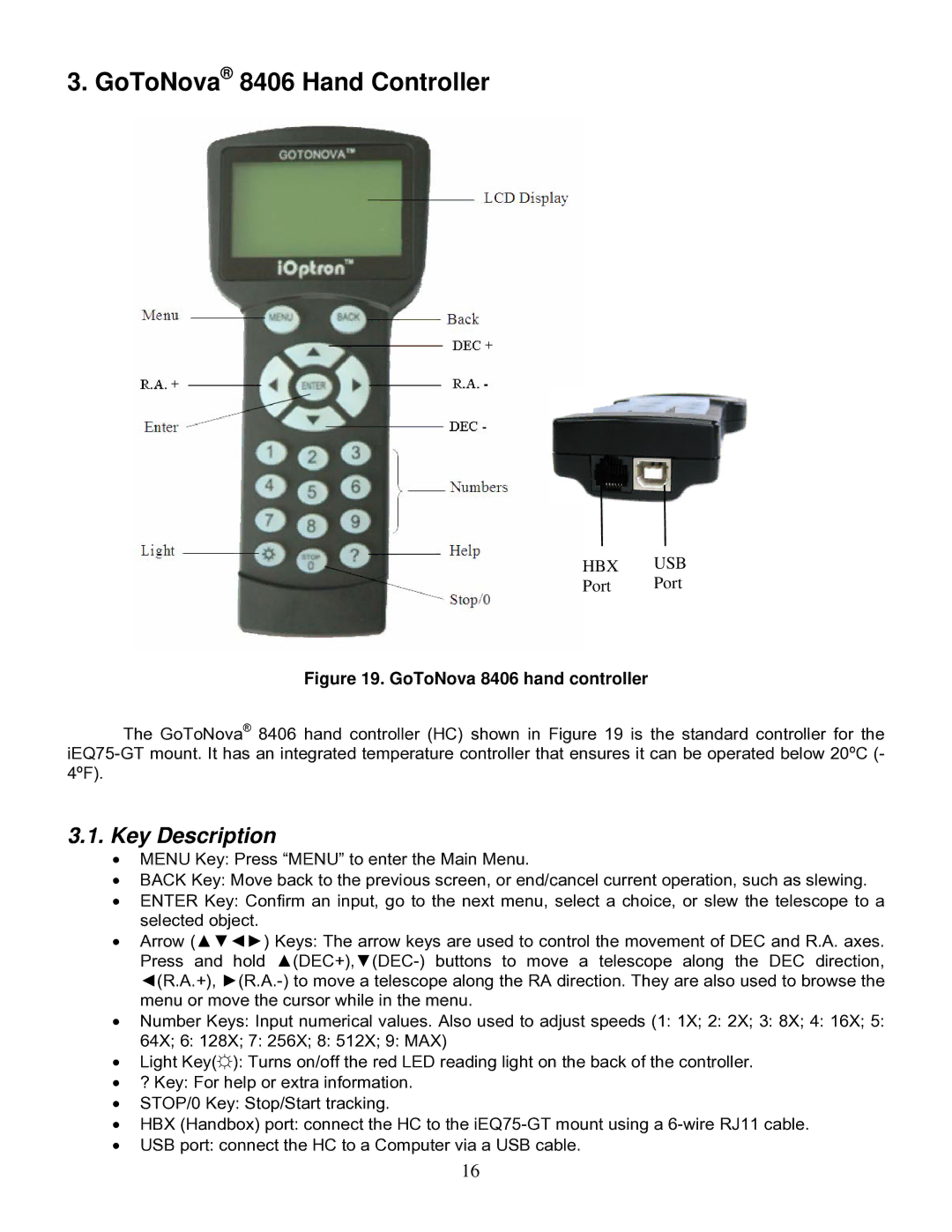 iOptron IEQ75-GTTM instruction manual GoToNova 8406 Hand Controller, Key Description 