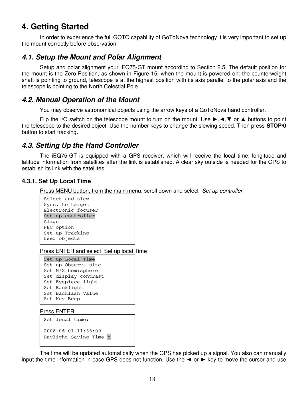 iOptron IEQ75-GTTM Getting Started, Setup the Mount and Polar Alignment, Manual Operation of the Mount, Set Up Local Time 