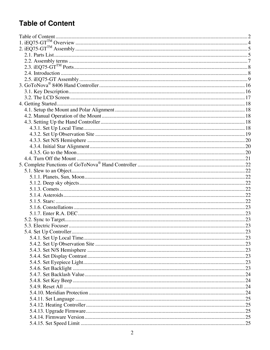 iOptron IEQ75-GTTM instruction manual Table of Content 