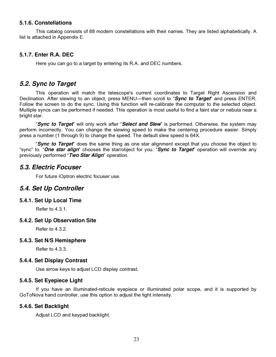 iOptron IEQ75-GTTM instruction manual Sync to Target, Electric Focuser, Set Up Controller 