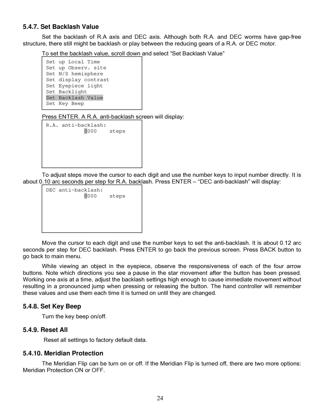 iOptron IEQ75-GTTM instruction manual Set Backlash Value, Set Key Beep, Reset All, Meridian Protection 