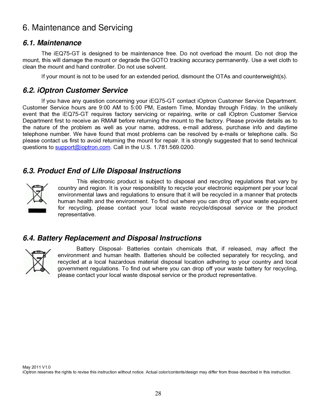 iOptron IEQ75-GTTM Maintenance and Servicing, IOptron Customer Service, Product End of Life Disposal Instructions 