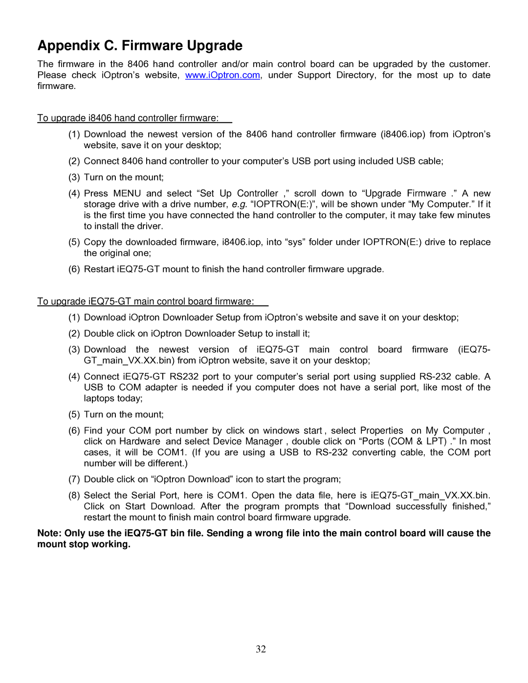 iOptron IEQ75-GTTM instruction manual Appendix C. Firmware Upgrade, To upgrade i8406 hand controller firmware 