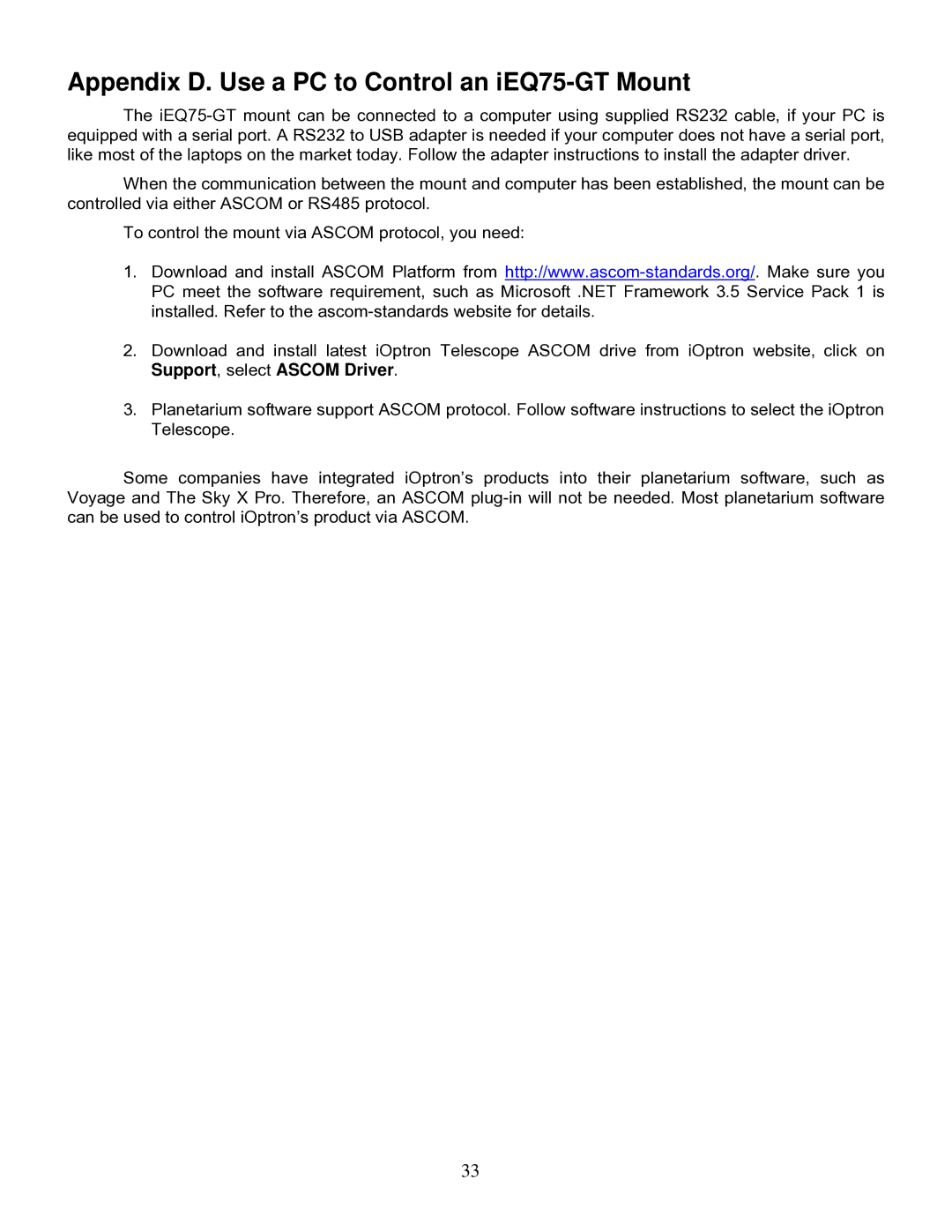 iOptron IEQ75-GTTM instruction manual Appendix D. Use a PC to Control an iEQ75-GT Mount 