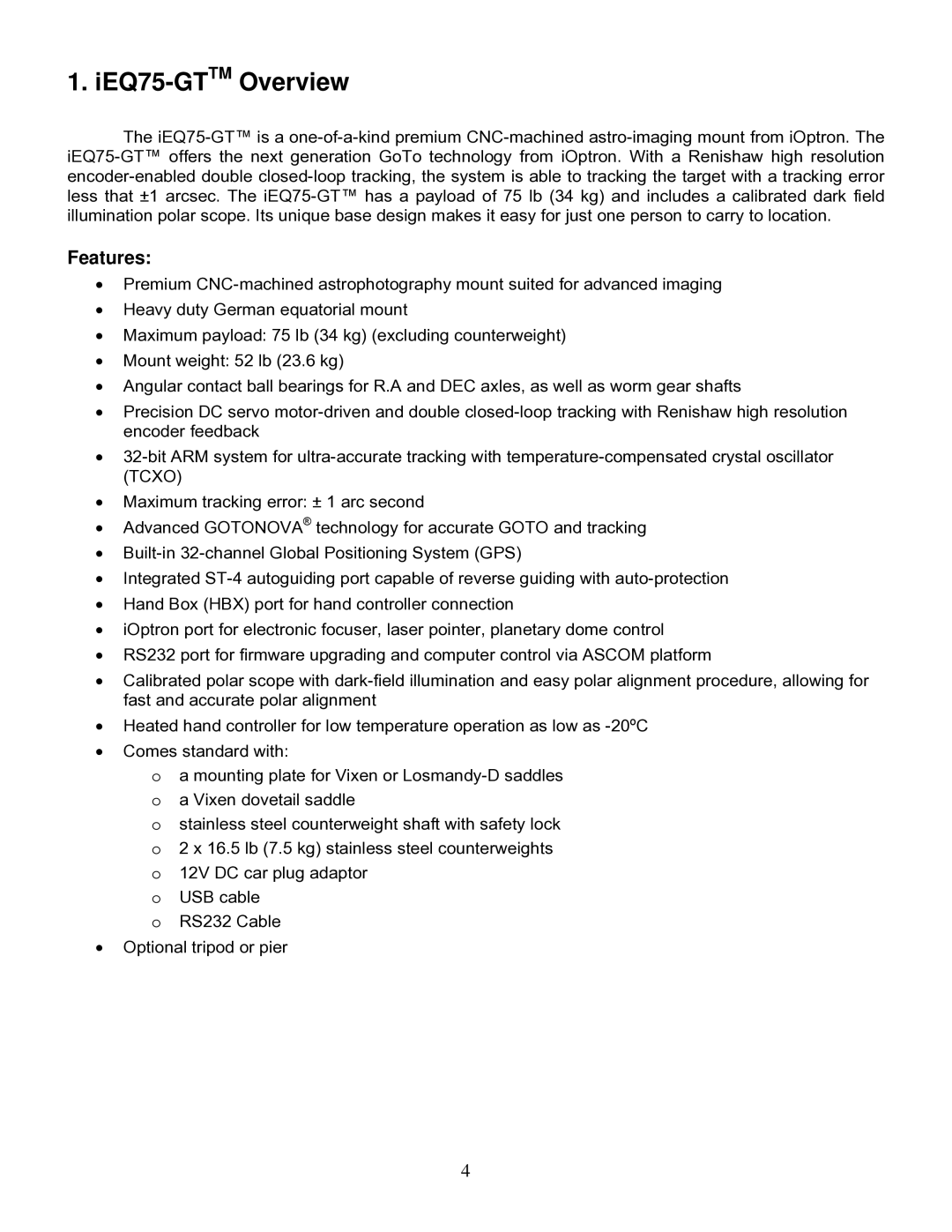 iOptron instruction manual IEQ75-GTTMOverview, Features 