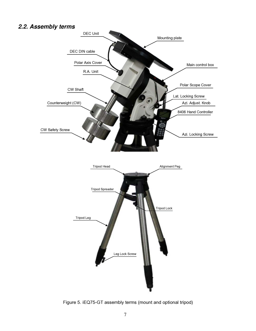 iOptron IEQ75-GTTM instruction manual Assembly terms, IEQ75-GT assembly terms mount and optional tripod 