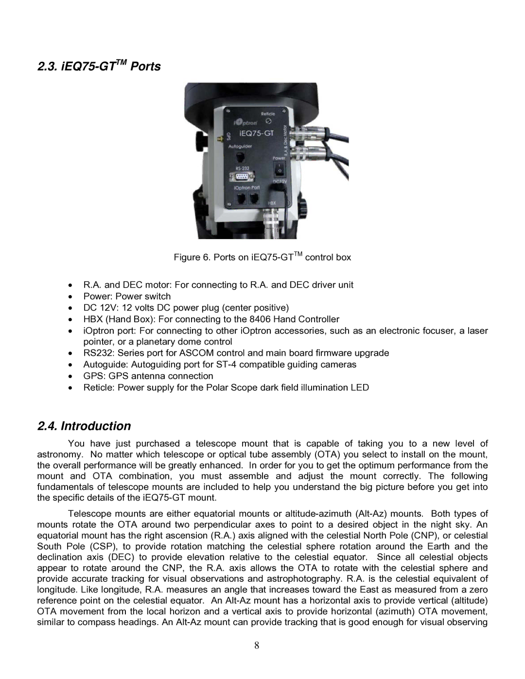 iOptron instruction manual IEQ75-GTTMPorts, Introduction 