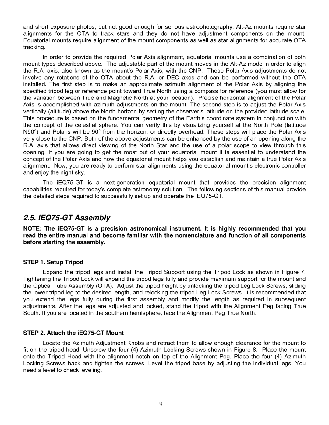 iOptron IEQ75-GTTM instruction manual IEQ75-GT Assembly, Setup Tripod 