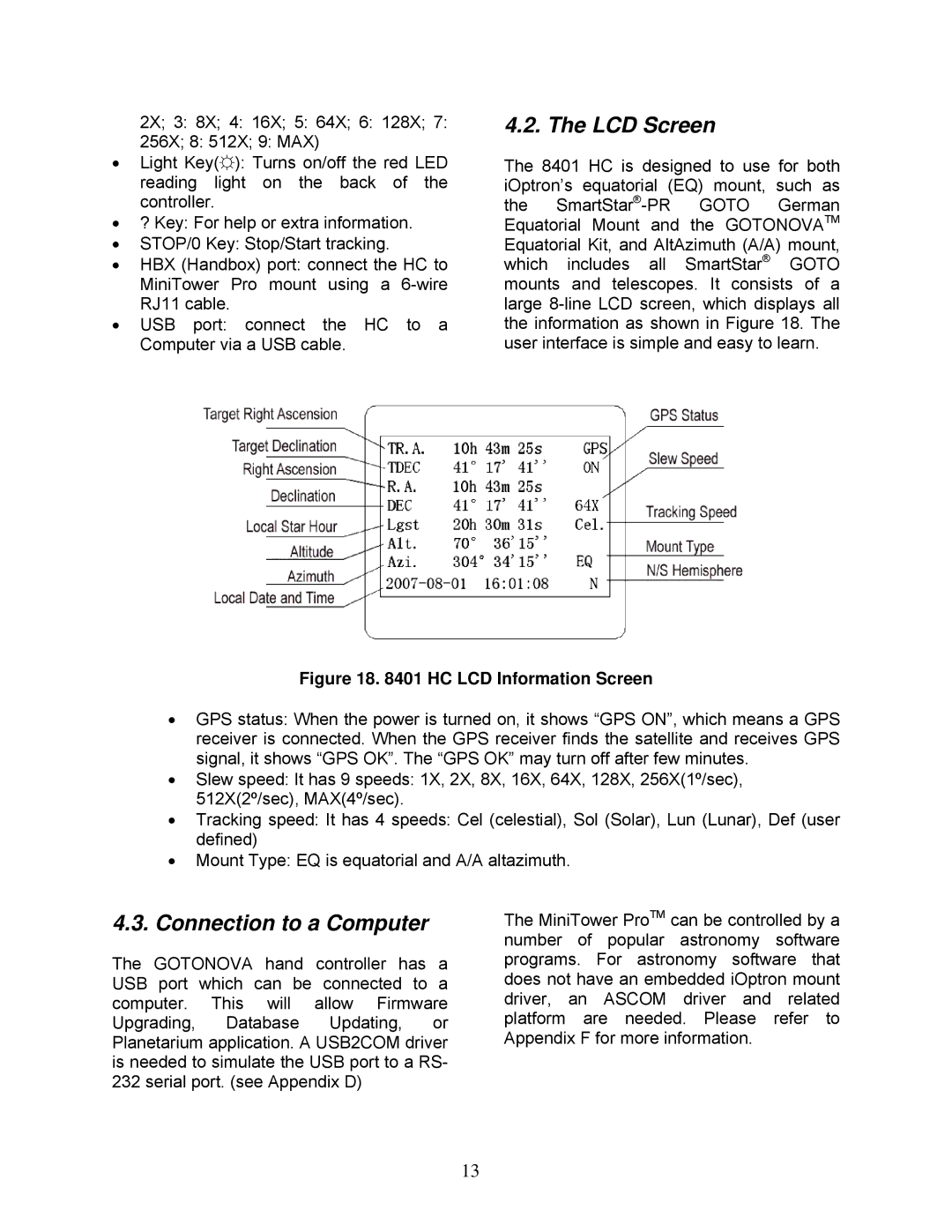 iOptron MiniTower Pro instruction manual LCD Screen, Connection to a Computer 