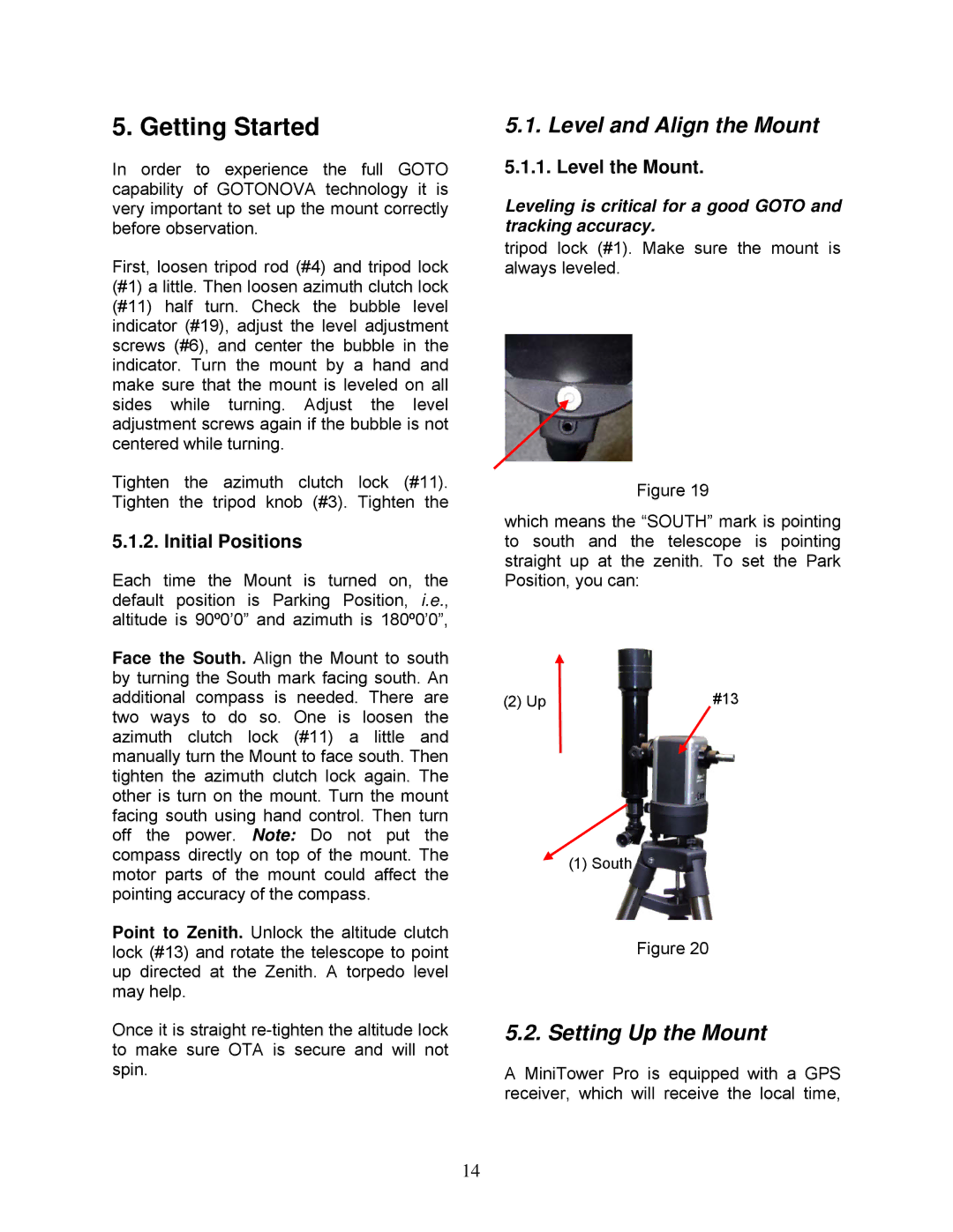 iOptron MiniTower Pro Getting Started, Level and Align the Mount, Setting Up the Mount, Initial Positions, Level the Mount 