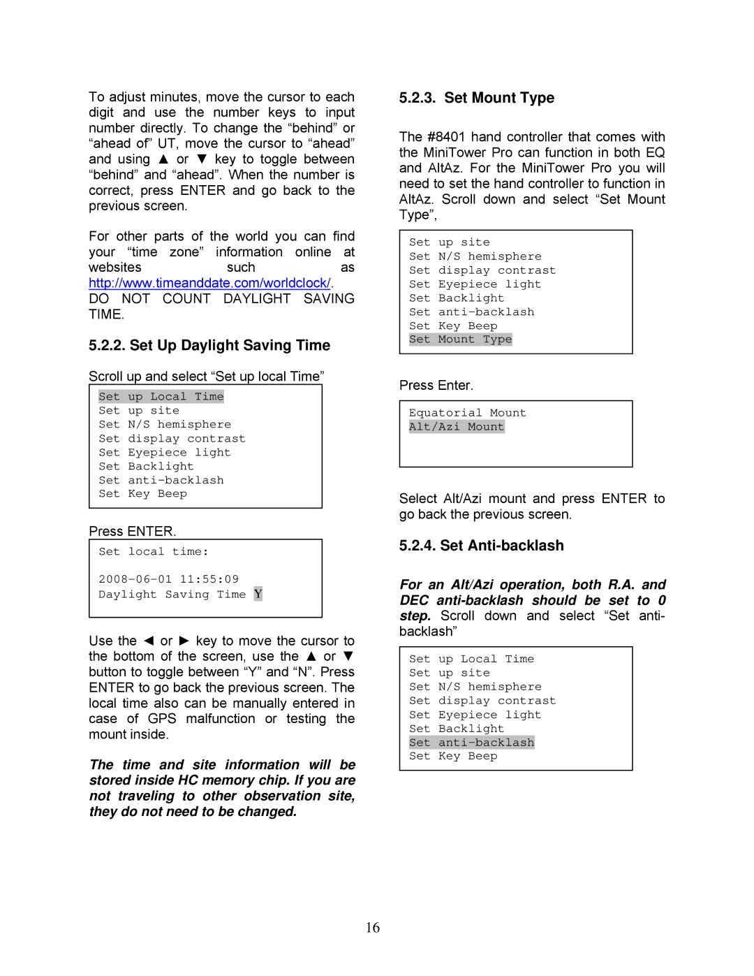 iOptron MiniTower Pro instruction manual Set Up Daylight Saving Time, Set Mount Type, Set Anti-backlash 
