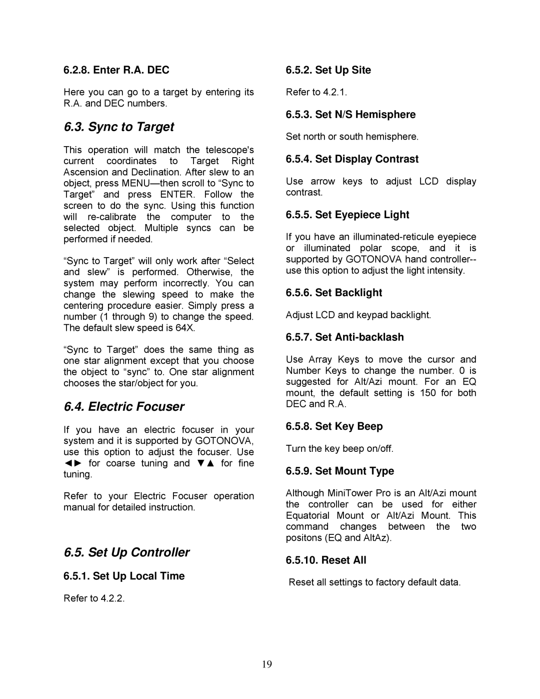 iOptron MiniTower Pro instruction manual Sync to Target, Electric Focuser, Set Up Controller 