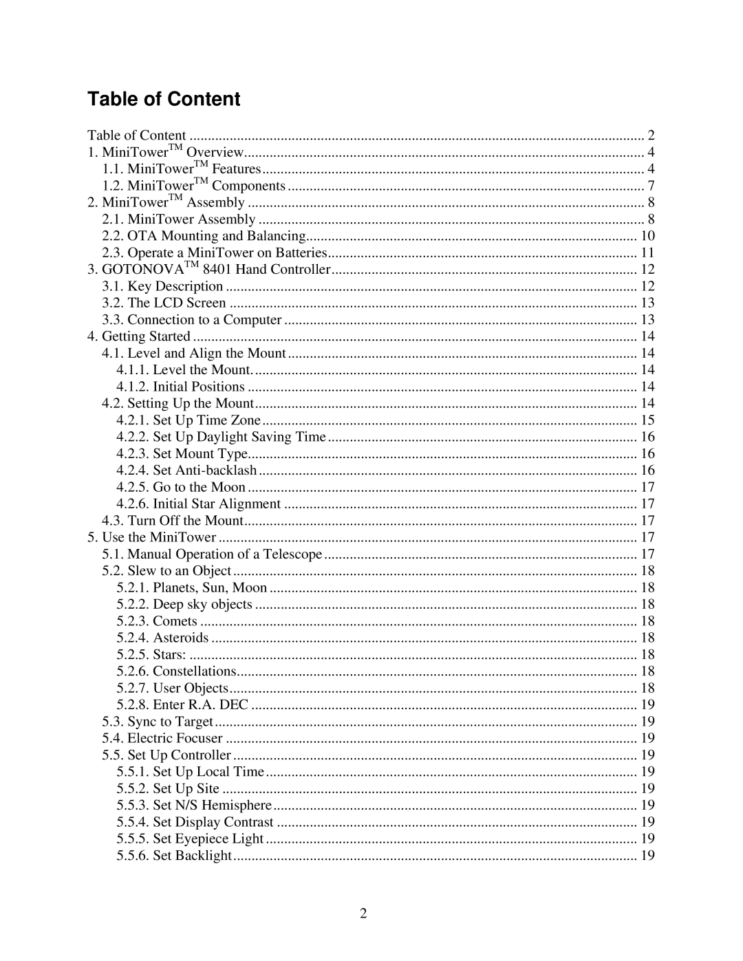 iOptron MiniTower Pro instruction manual Table of Content, Go to the Moon 