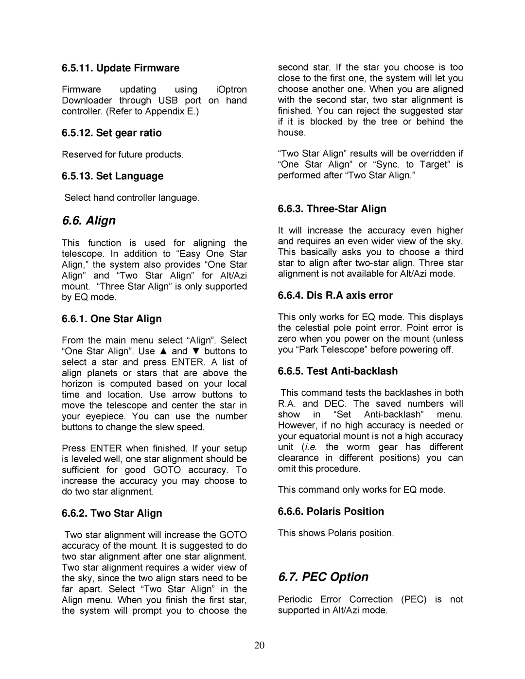 iOptron MiniTower Pro instruction manual Align, PEC Option 