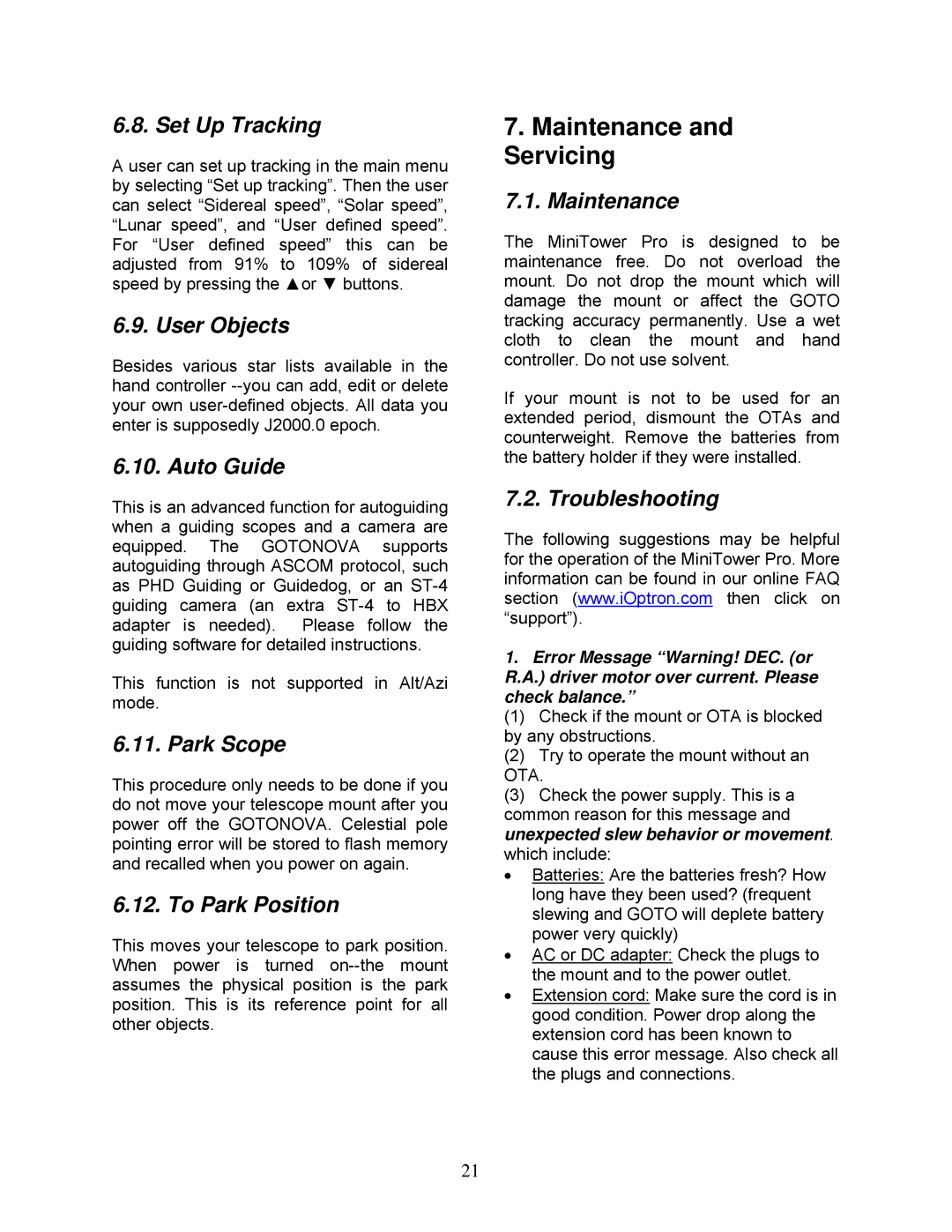 iOptron MiniTower Pro instruction manual Maintenance and Servicing 