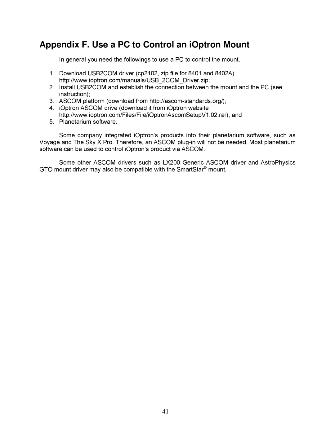 iOptron MiniTower Pro instruction manual Appendix F. Use a PC to Control an iOptron Mount 