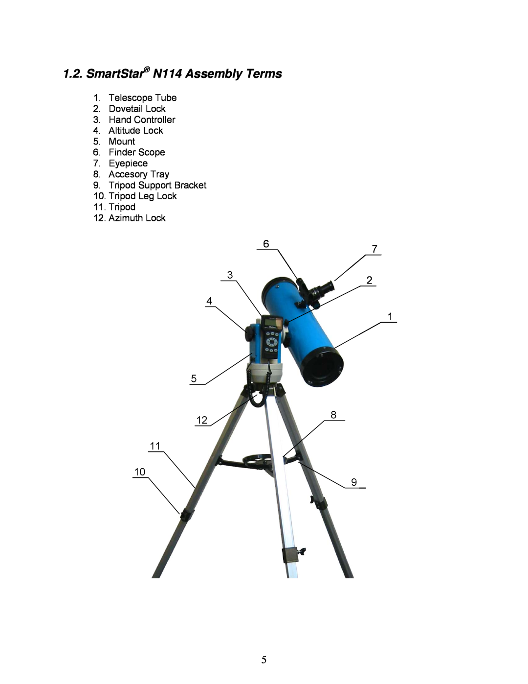 iOptron SmartStar N114 Assembly Terms, Telescope Tube 2.Dovetail Lock, Hand Controller 4.Altitude Lock 5.Mount 