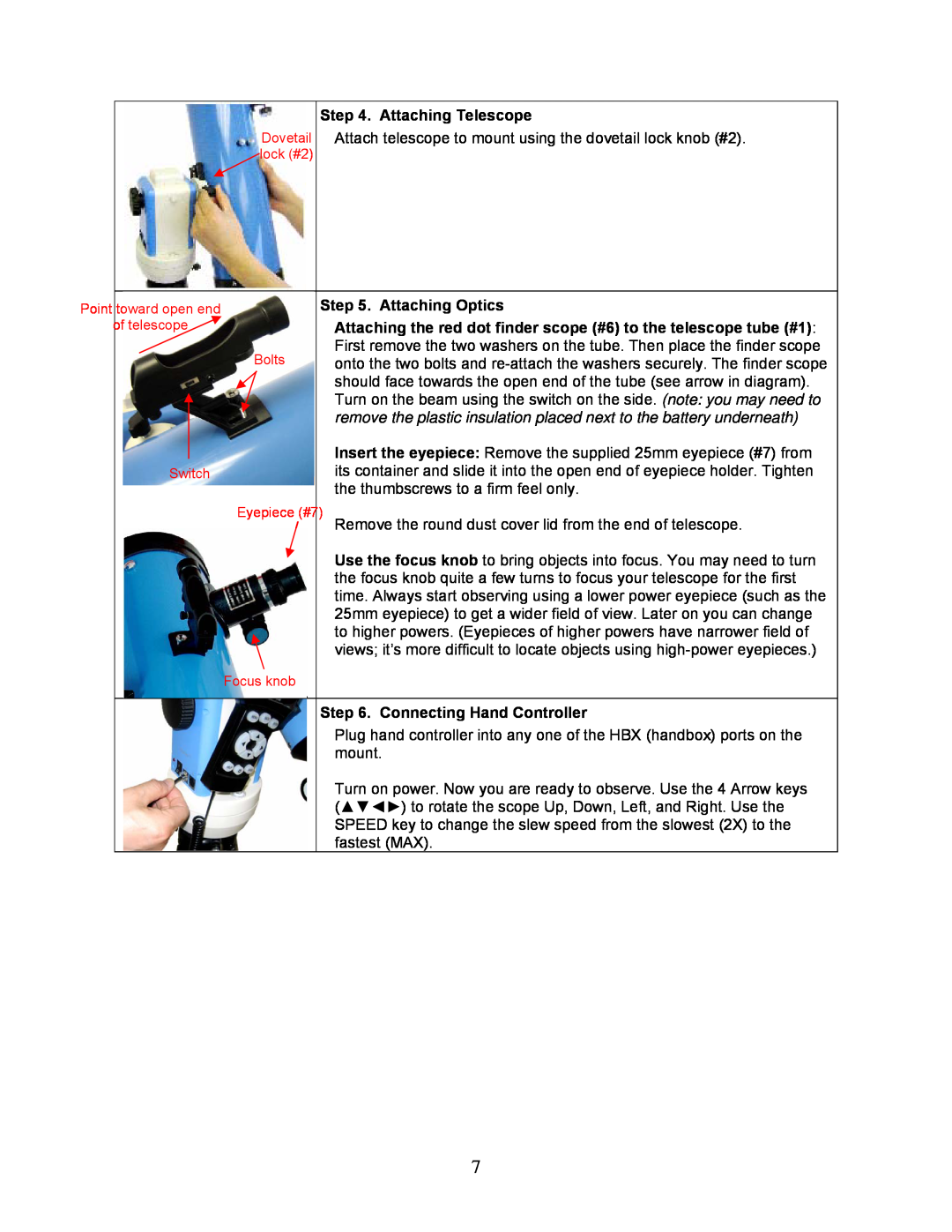 iOptron N114 instruction manual Attaching Telescope, Attaching Optics, Connecting Hand Controller 
