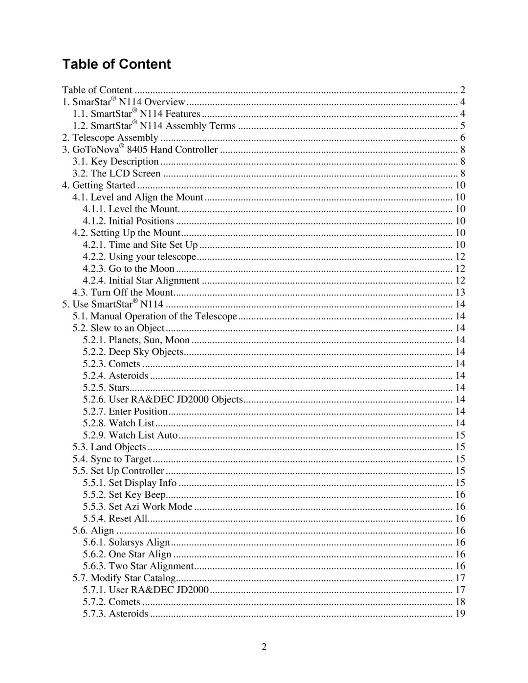 iOptron N114 instruction manual Table of Content 