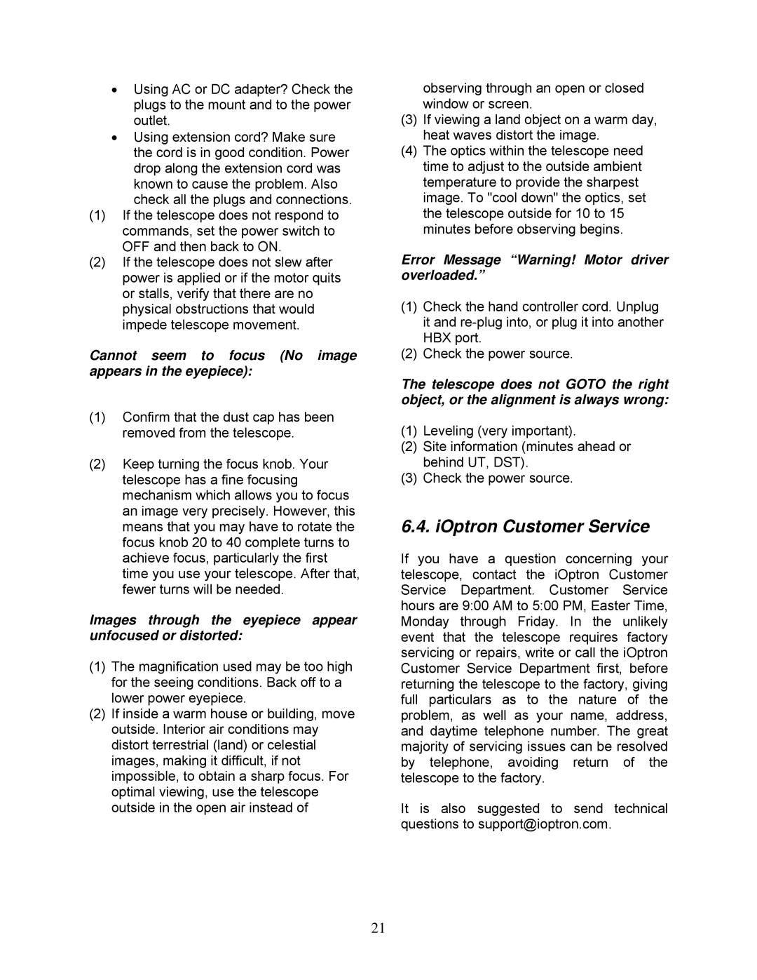 iOptron N114 instruction manual IOptron Customer Service, Cannot seem to focus No image appears in the eyepiece 