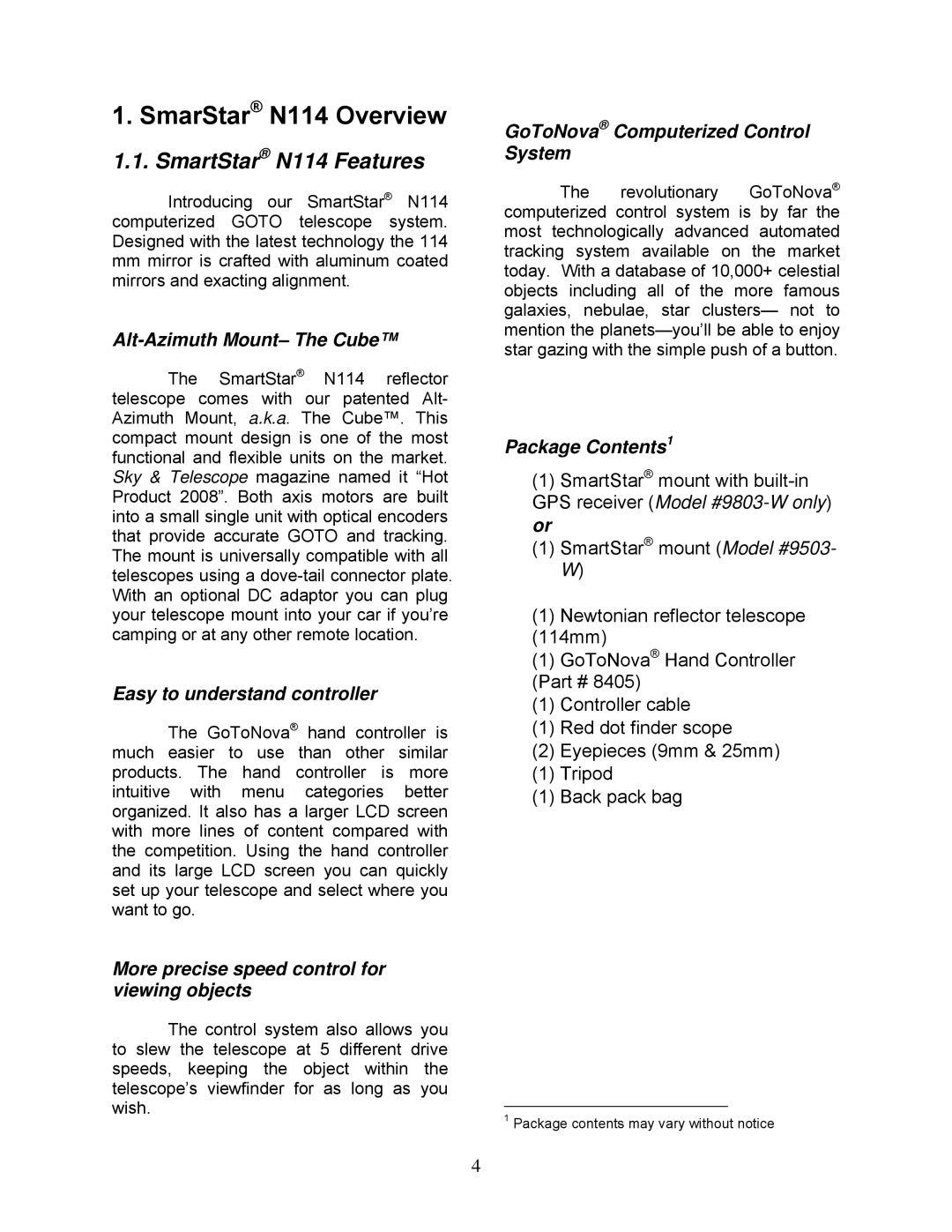 iOptron instruction manual SmarStar N114 Overview, SmartStar N114 Features 