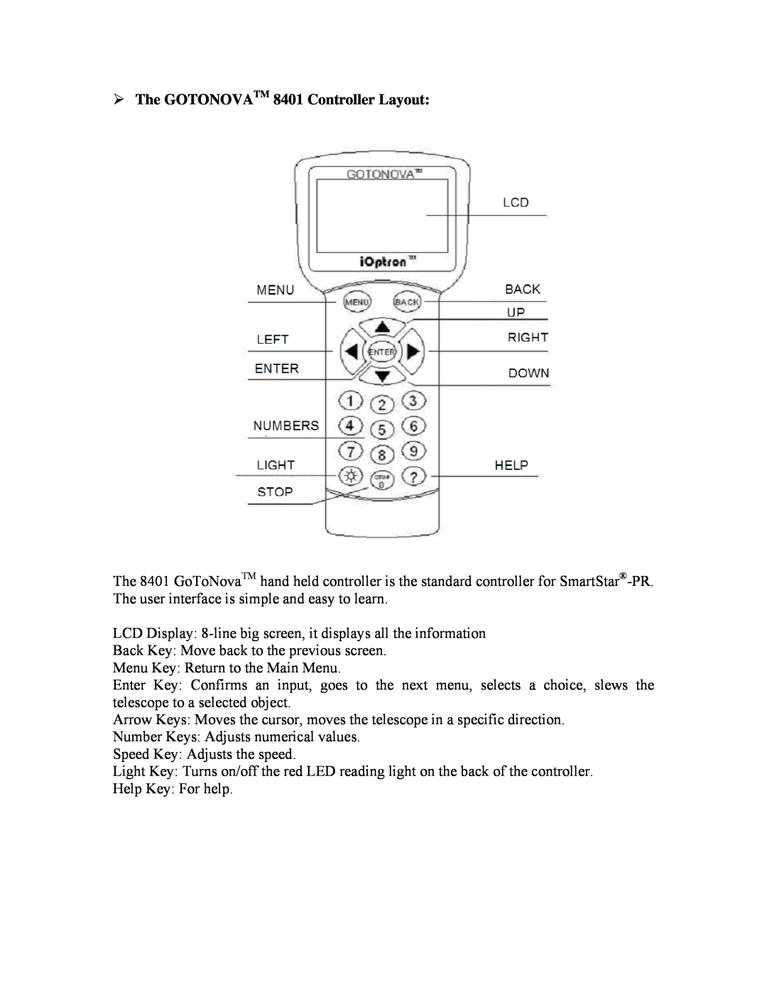 iOptron PR EQ manual The GOTONOVATM 8401 Controller Layout 
