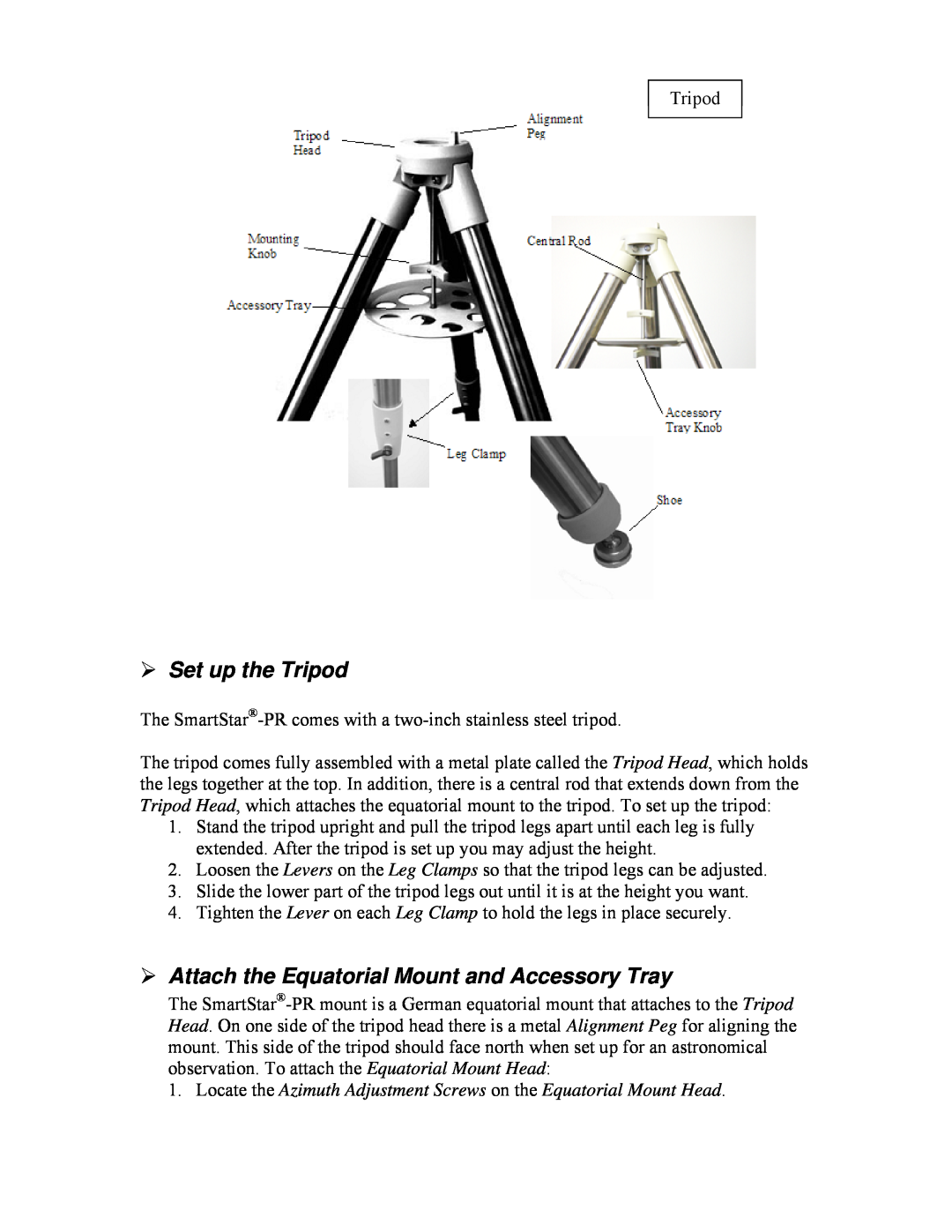 iOptron PR EQ manual Set up the Tripod, Attach the Equatorial Mount and Accessory Tray 