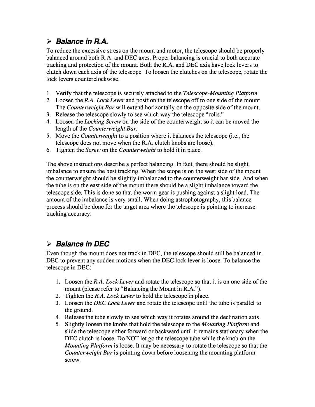 iOptron PR EQ manual Balance in R.A, Balance in DEC 