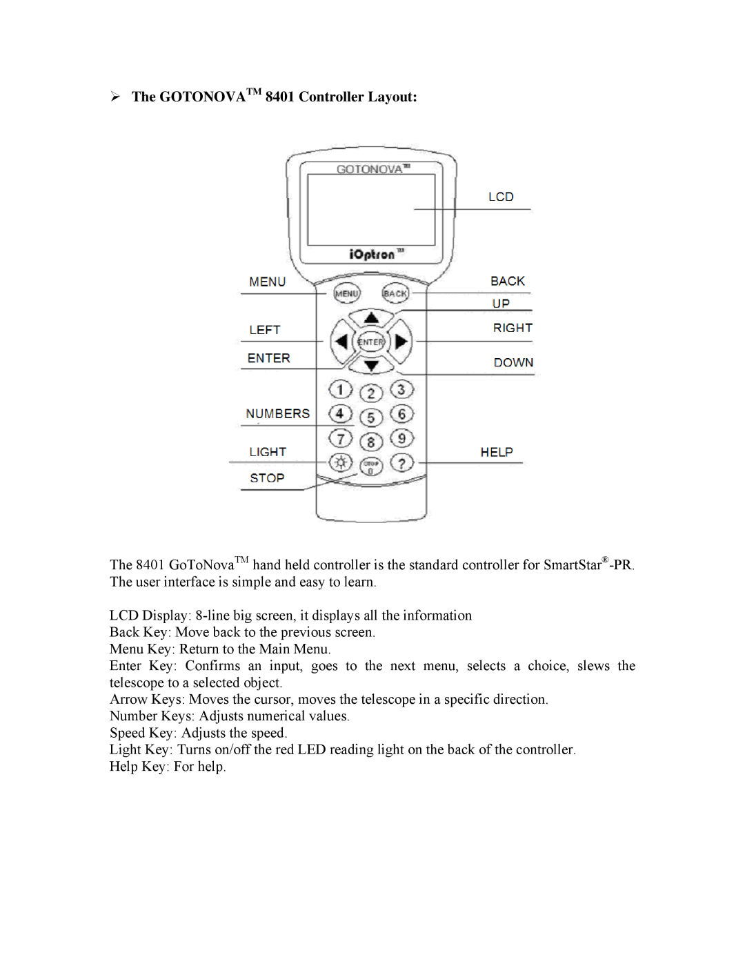 iOptron PR EQ manual Gotonovatm 8401 Controller Layout 