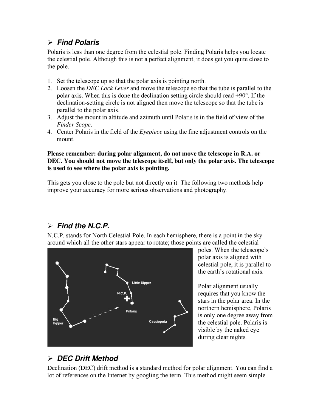 iOptron PR EQ manual Find Polaris, Find the N.C.P, DEC Drift Method 