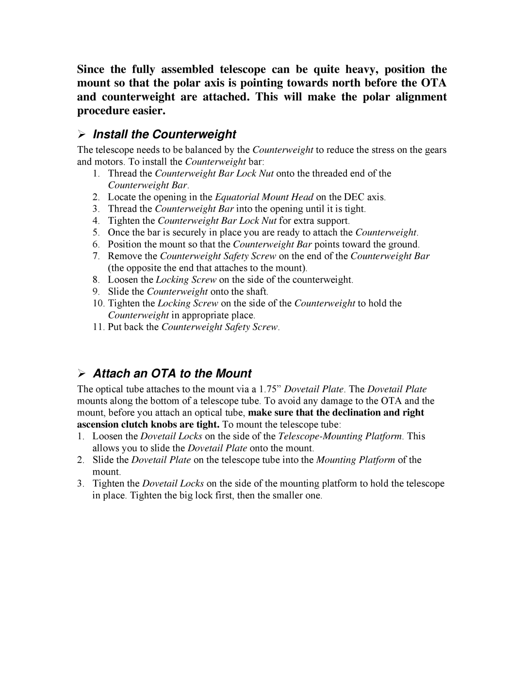 iOptron PR EQ manual Install the Counterweight, Attach an OTA to the Mount 