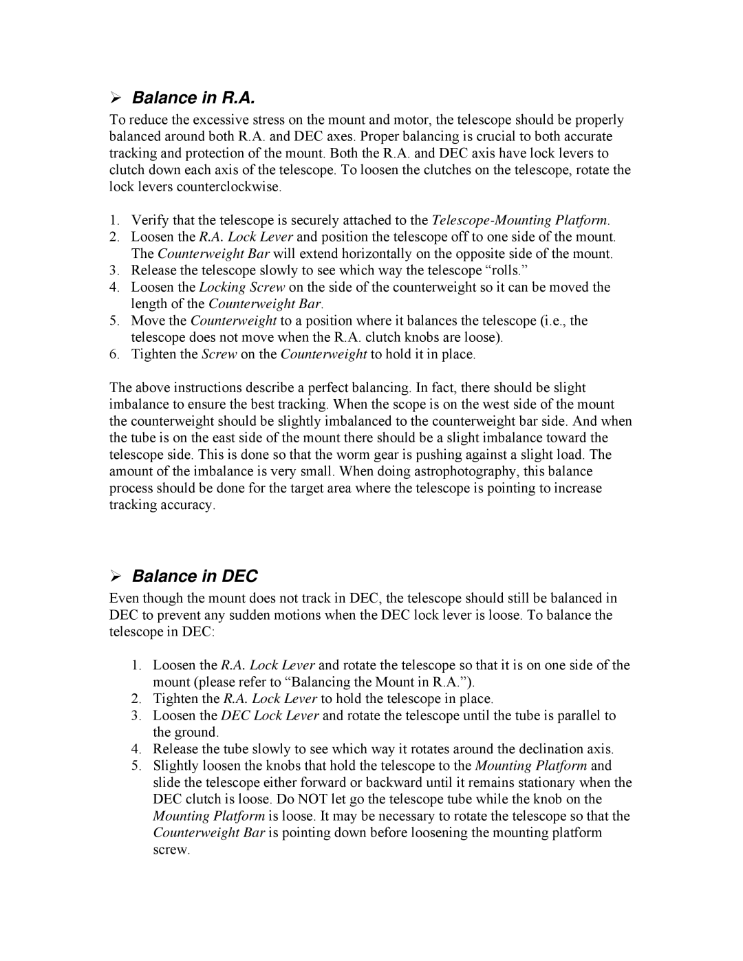 iOptron PR EQ manual Balance in R.A, Balance in DEC 