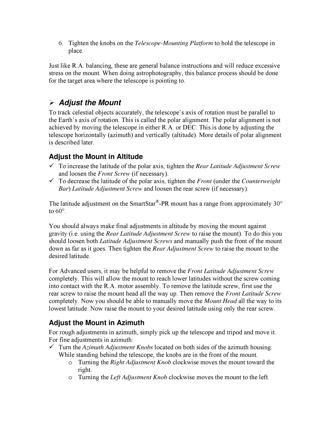 iOptron PR EQ manual Adjust the Mount in Altitude 