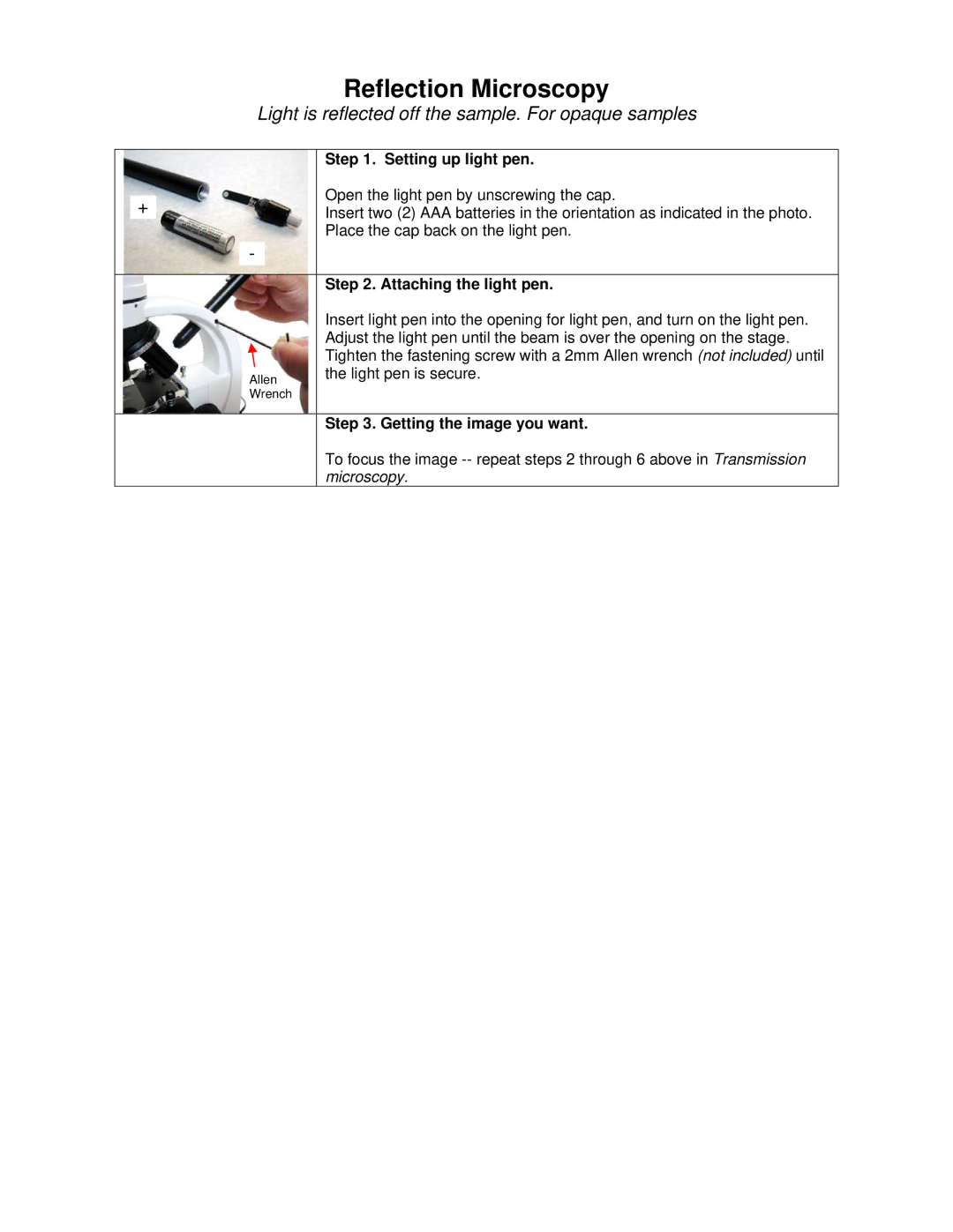 iOptron ST-80 manual Reflection Microscopy, Setting up light pen, Attaching the light pen, Getting the image you want 