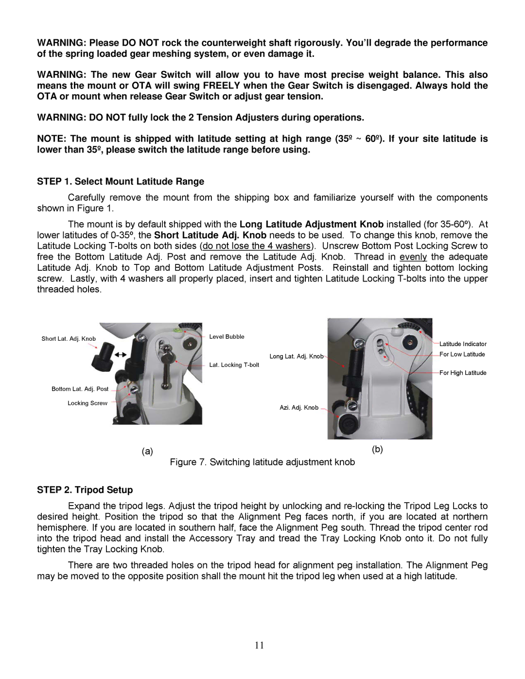 iOptron ZEQ25GT instruction manual Select Mount Latitude Range, Tripod Setup 