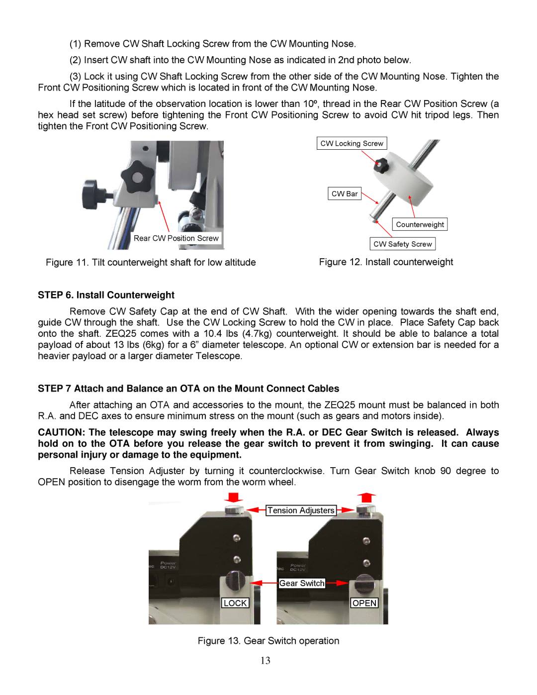 iOptron ZEQ25GT instruction manual Install Counterweight, Attach and Balance an OTA on the Mount Connect Cables 